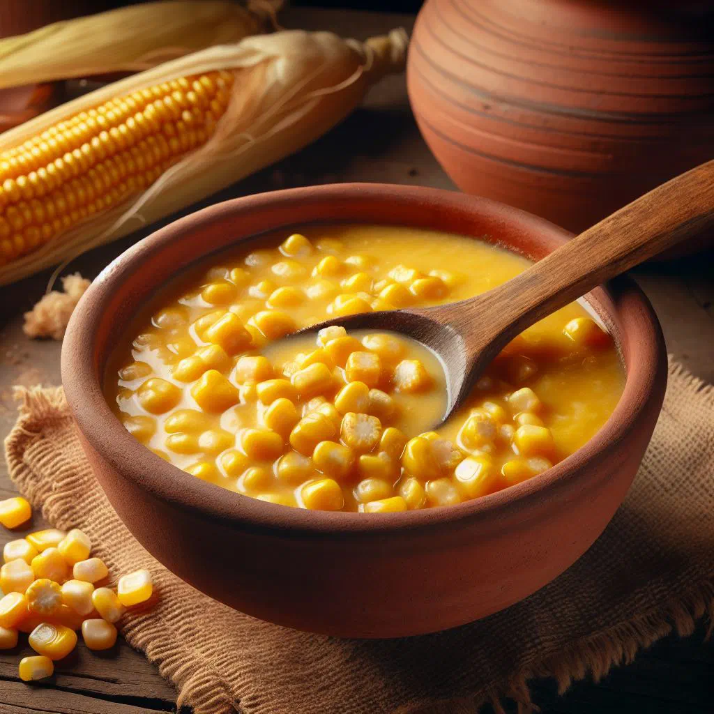 Creamy Chilean corn mazamorra garnished with fresh herbs in a bowl