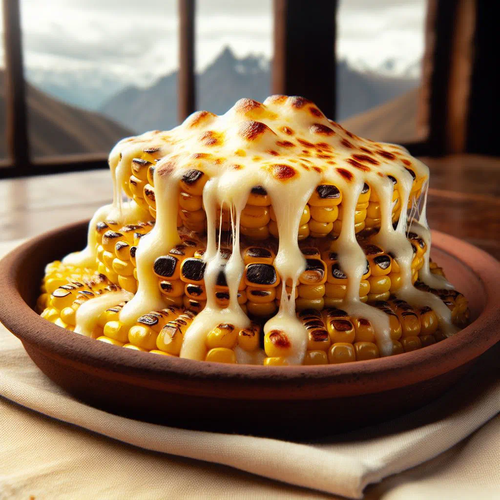 Baked Chilean corn topped with melted golden cheese in a dish