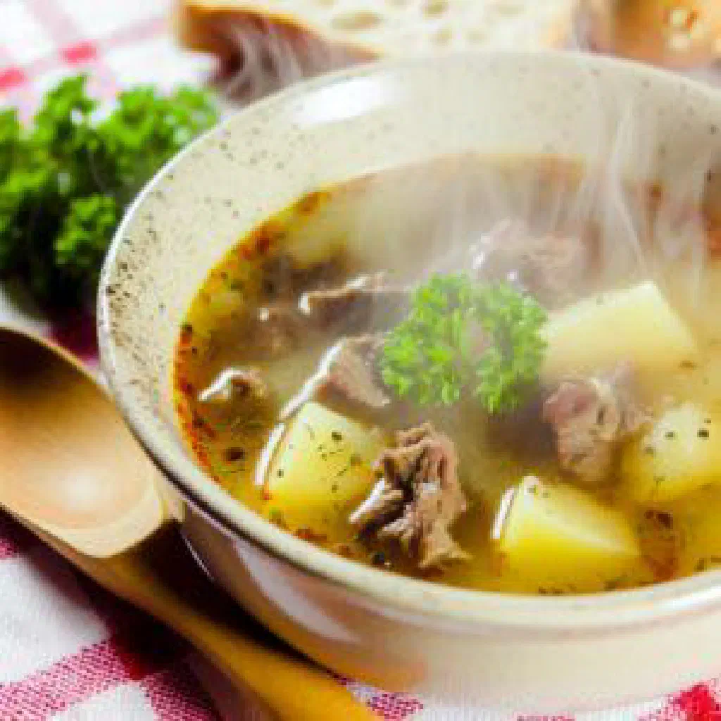 A hearty Chilean cuca with beef, potatoes and peas in a rustic bowl