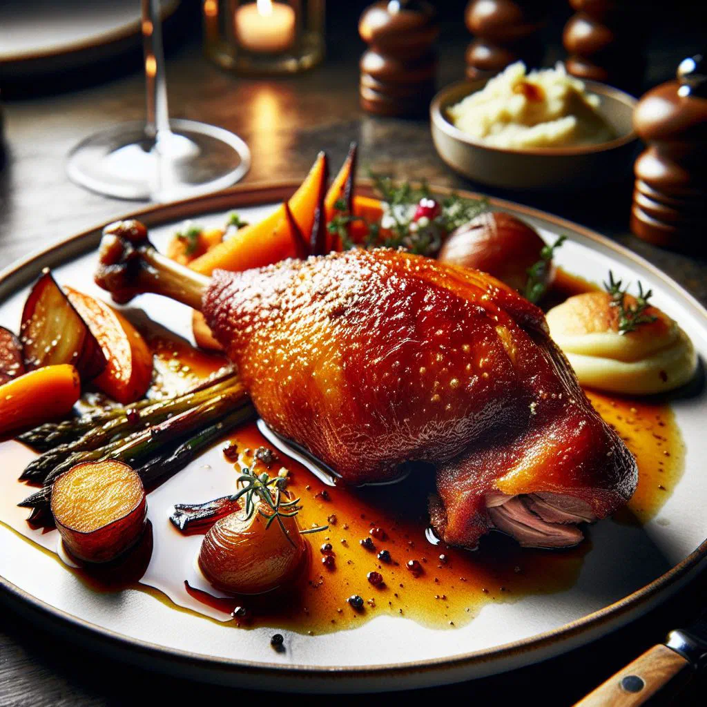 Golden duck legs slow-cooked as confit, garnished with fresh thyme