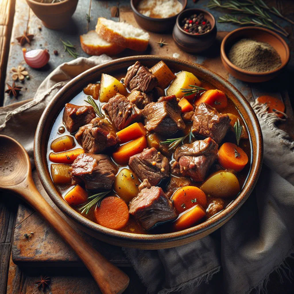 Chilean estofado de cordero, a hearty braised lamb stew with vegetables in a deep bowl