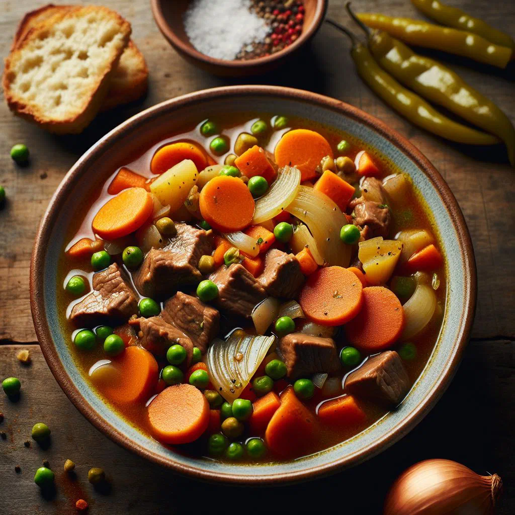 Chilean guatitas a la jardinera stew with beef tripe and vegetables in a bowl