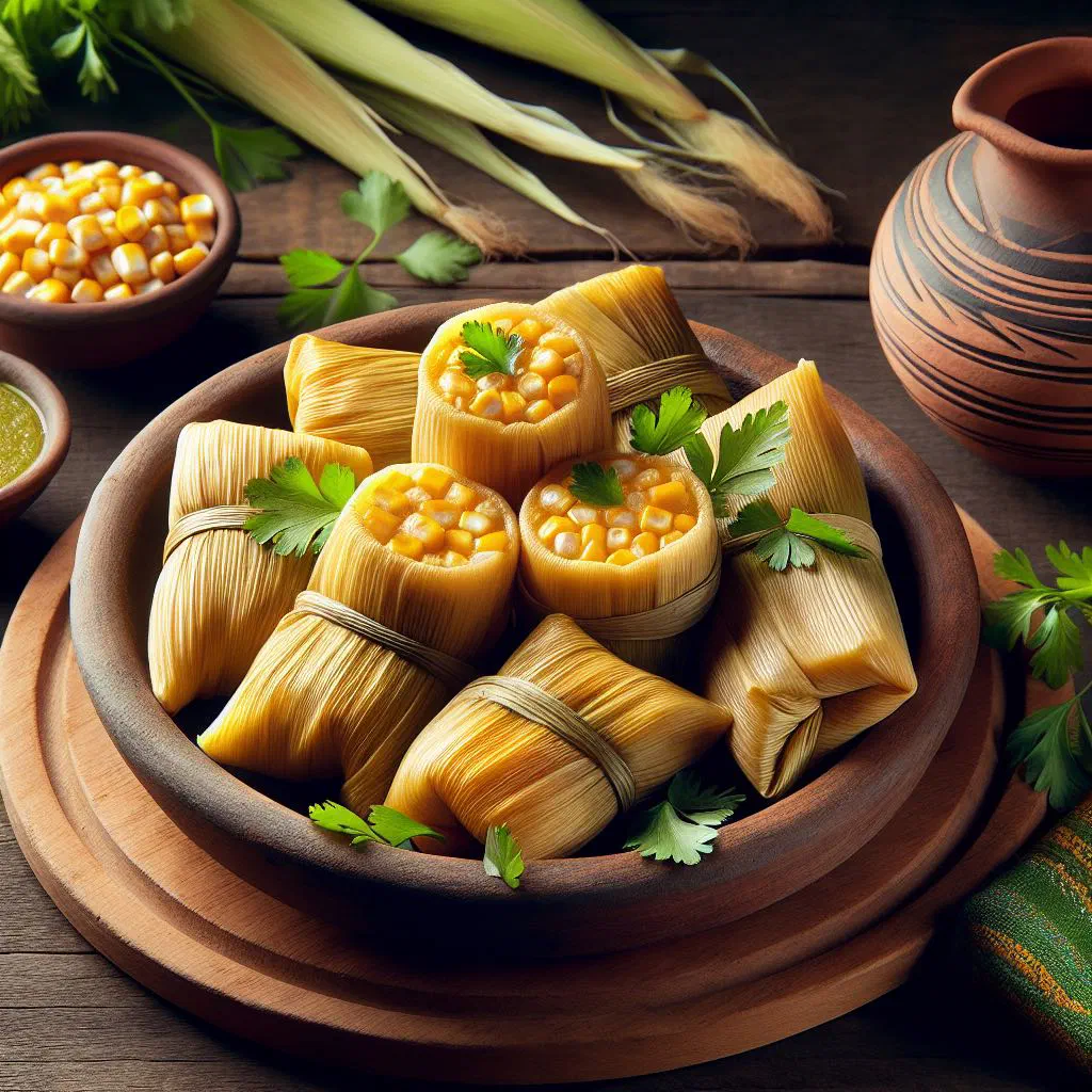 Steamed humitas wrapped in corn husks on a plate