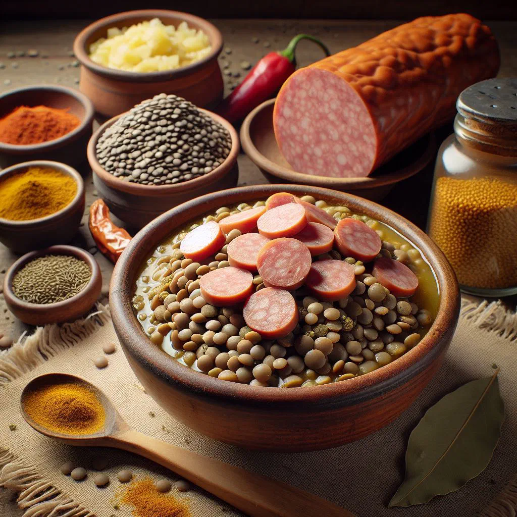 Bowl of Chilean lentil stew with sliced longaniza sausage and parsley