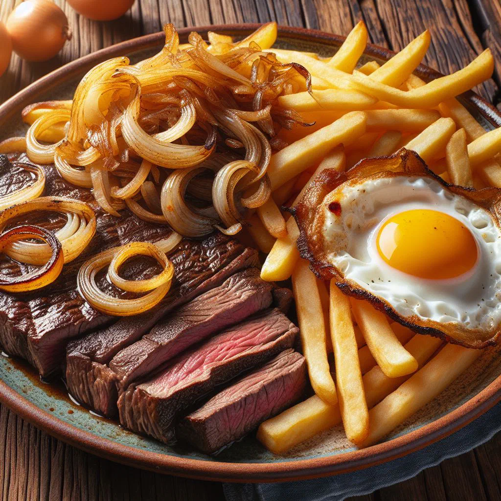 Chilean lomo a lo pobre with beef steak, chips, fried onions and fried eggs