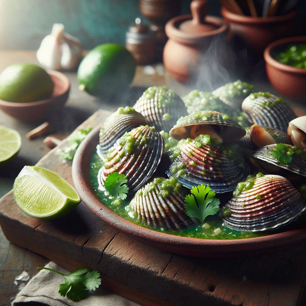 Chilean machas topped with fresh green parsley and garlic salsa verde
