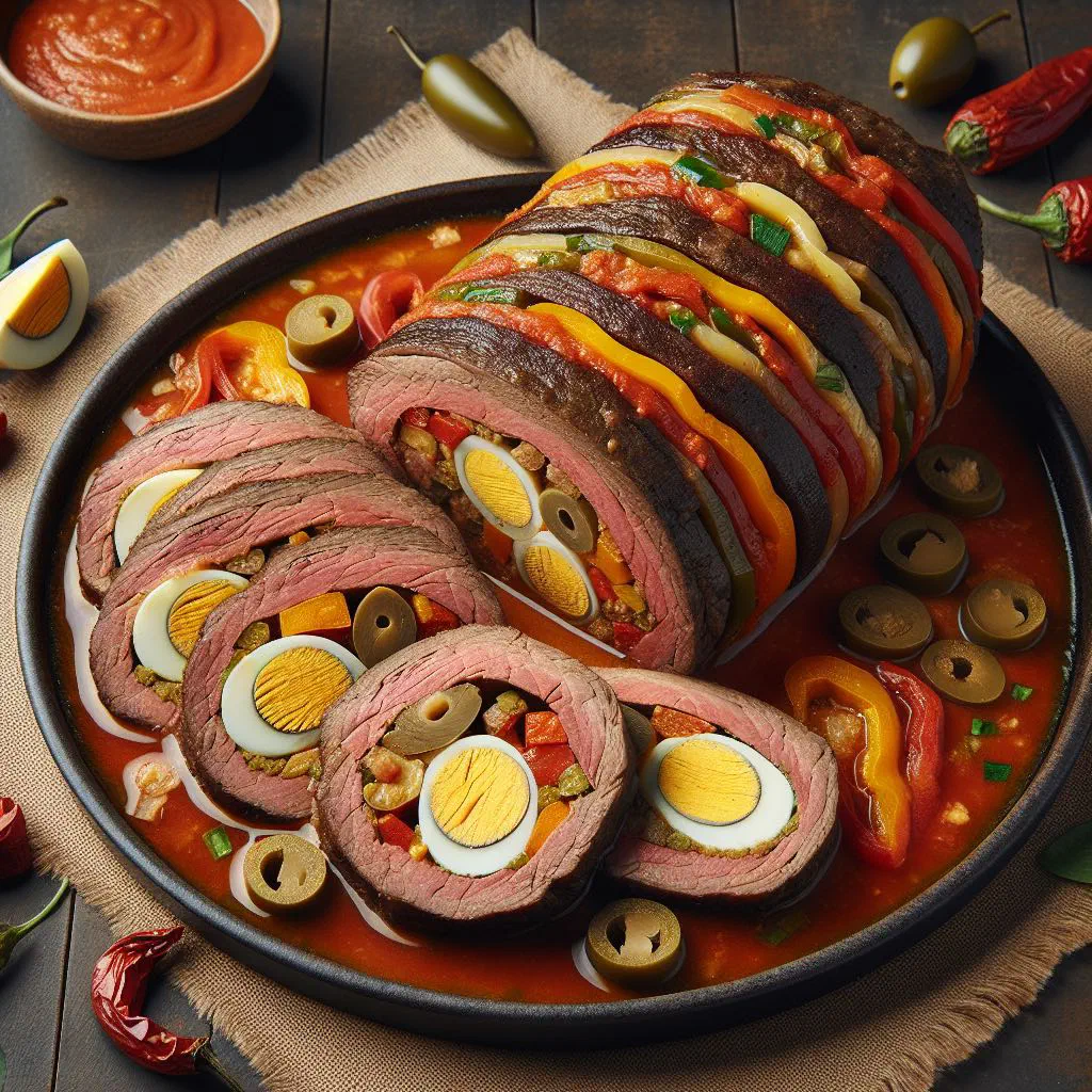 Sliced Chilean malaya rellena stuffed beef on a plate