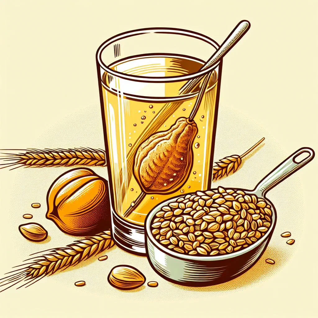 Glass of mote con huesillo with dried peaches, wheat and cinnamon syrup