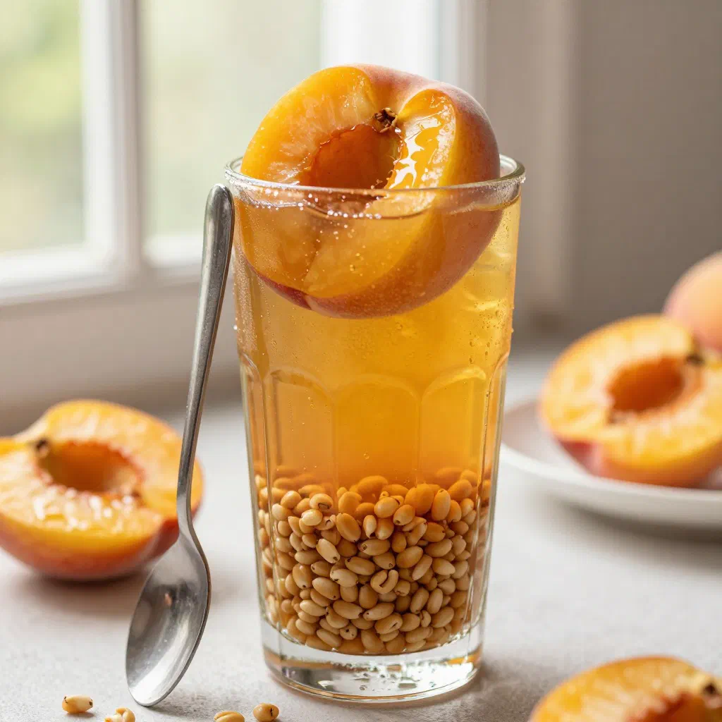 Glass of mote con huesillo with dried peaches, wheat and cinnamon syrup