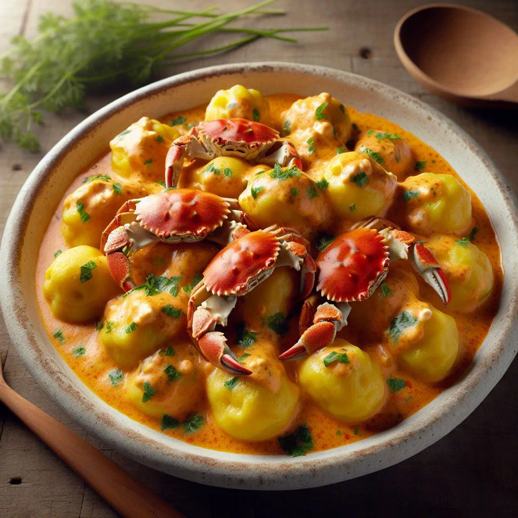 Potato gnocchi in creamy crab sauce garnished with fresh dill