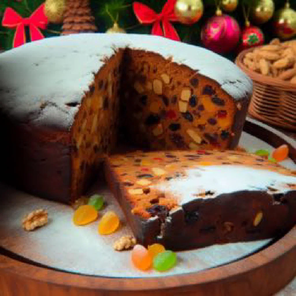 A sliced loaf of Pan de Pascua studded with dried fruit and nuts