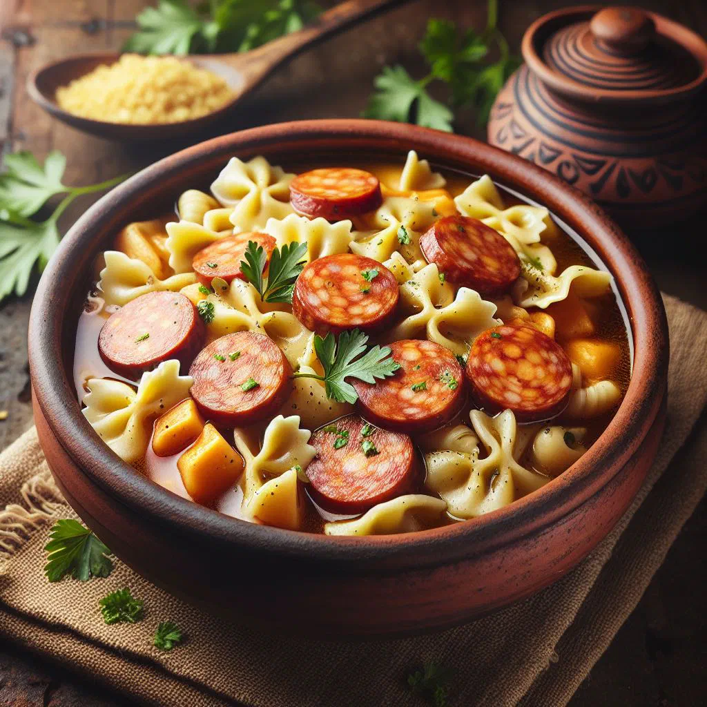 Bowl of pantrucas con longaniza with soft dough squares and sliced sausage in broth