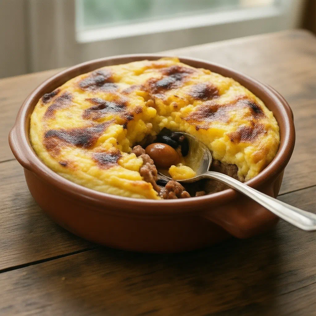 Golden baked pastel de choclo with a sweetcorn crust in a dish