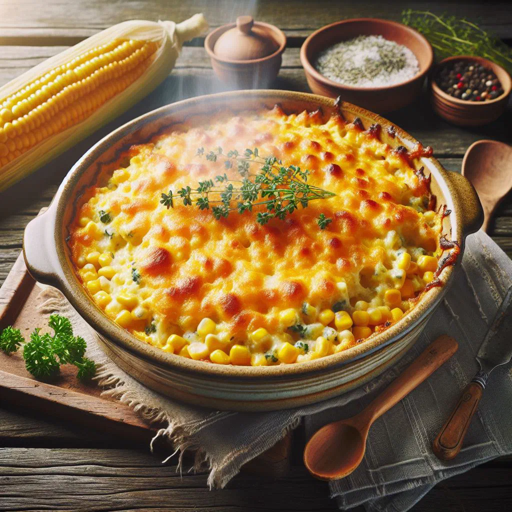 Golden baked pastel de choclo with a sweetcorn crust in a dish