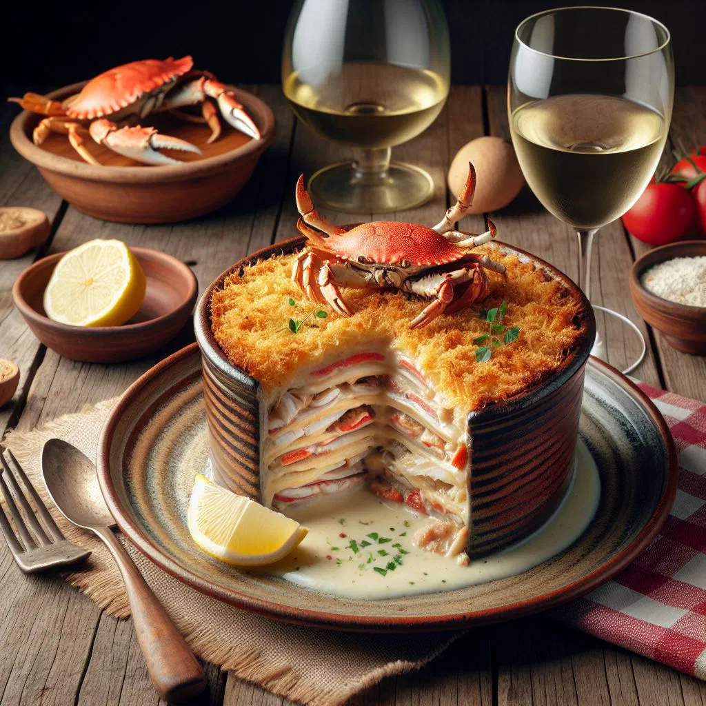 Baked Chilean pastel de jaiba with a golden crab-and-cheese topping