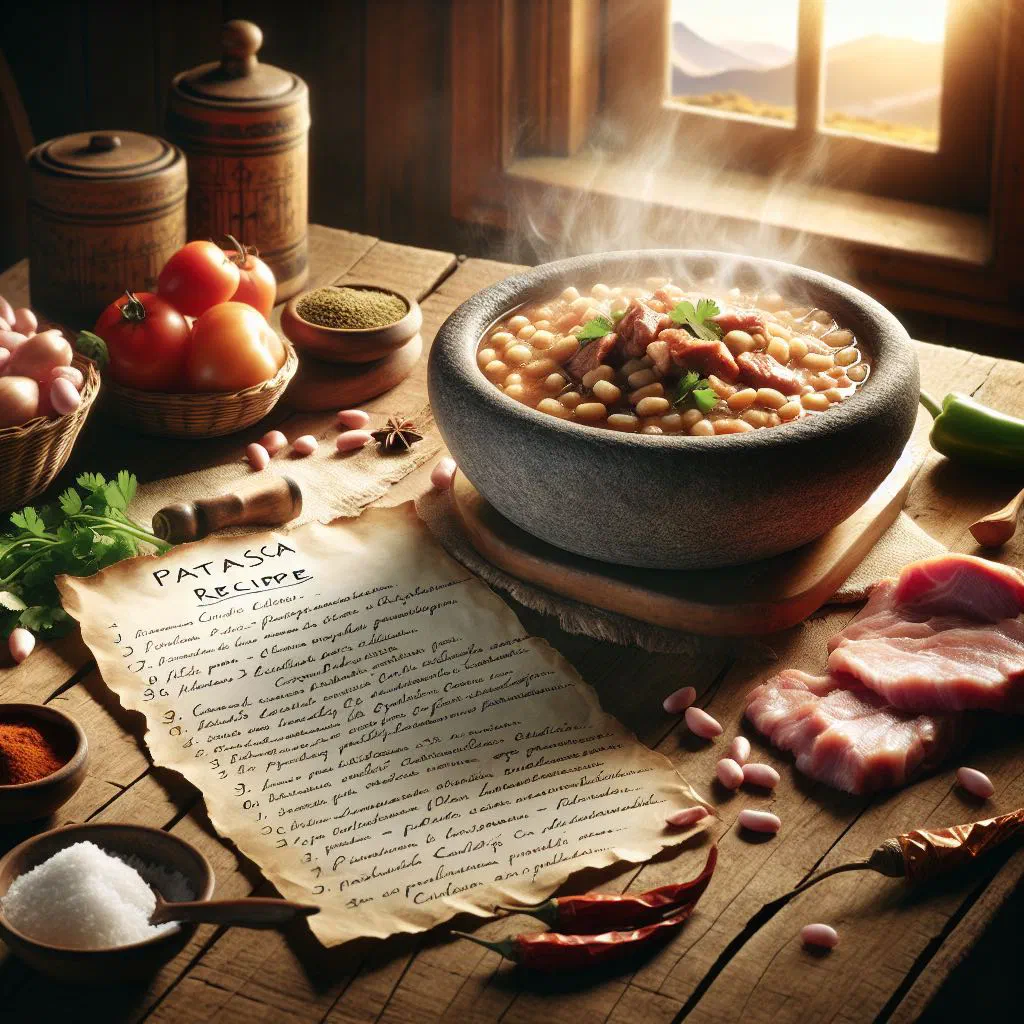 Bowl of hearty Chilean patasca soup with corn, meat and fresh herbs
