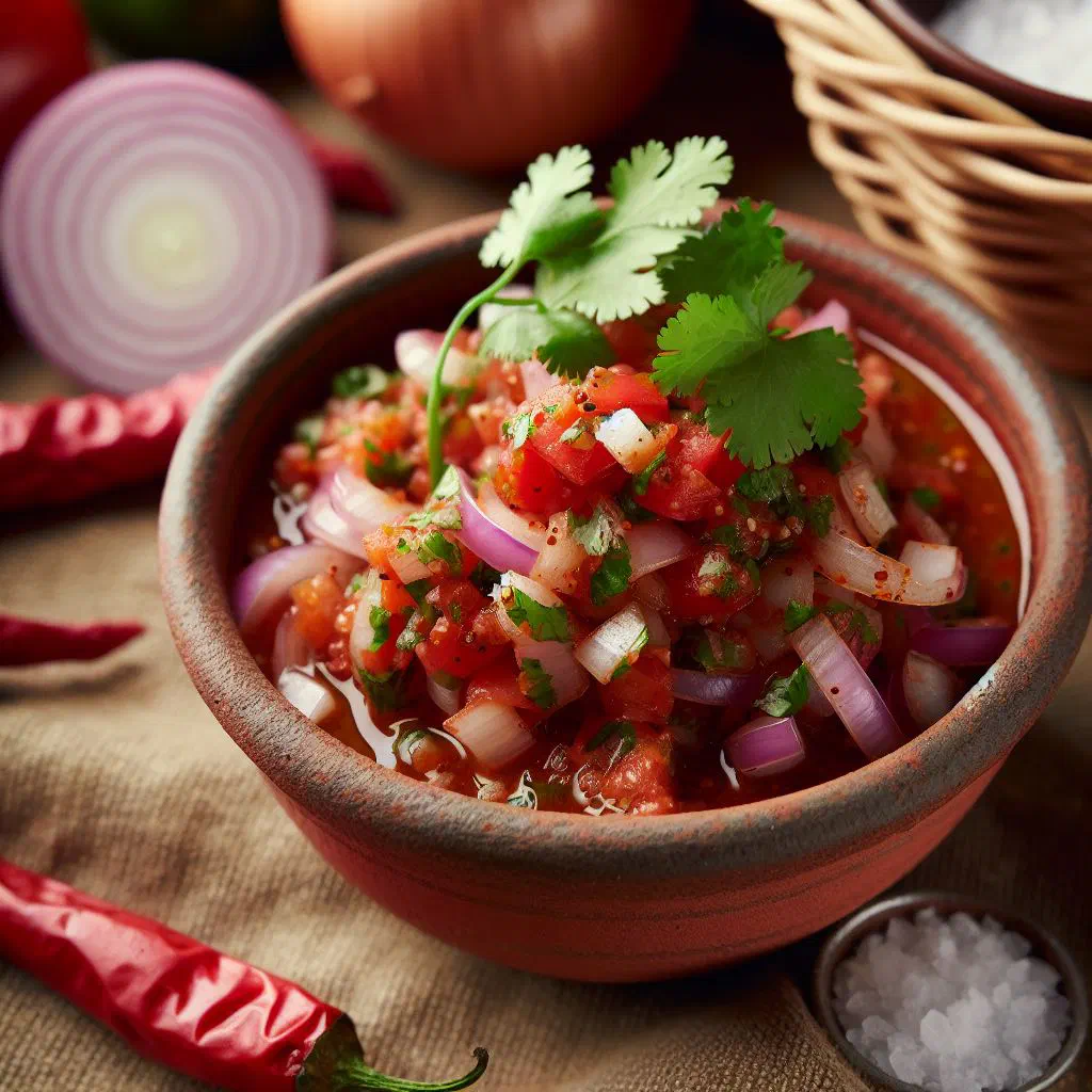 Fresh Chilean pebre with chopped coriander, onion and tomato in a bowl