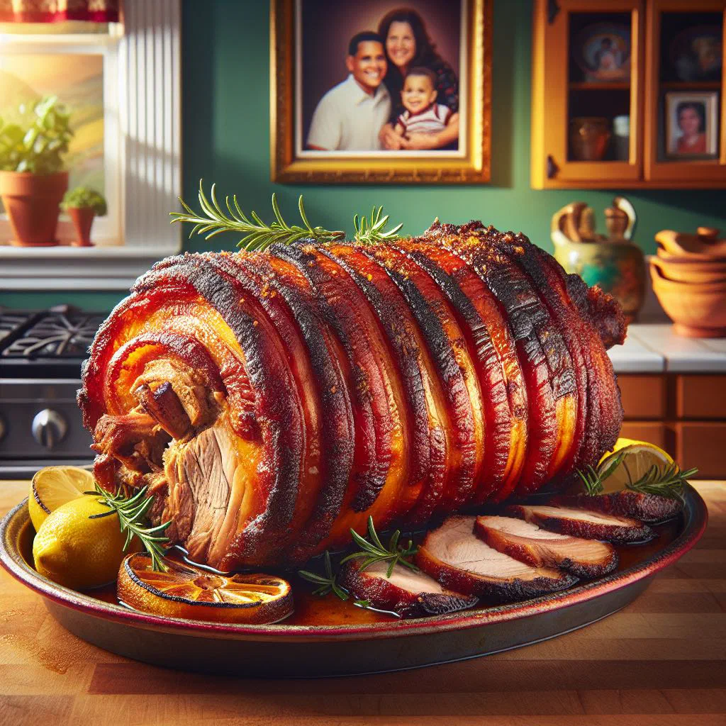 Slow-roasted pernil asado pork shoulder with a golden crust, garnished with fresh herbs