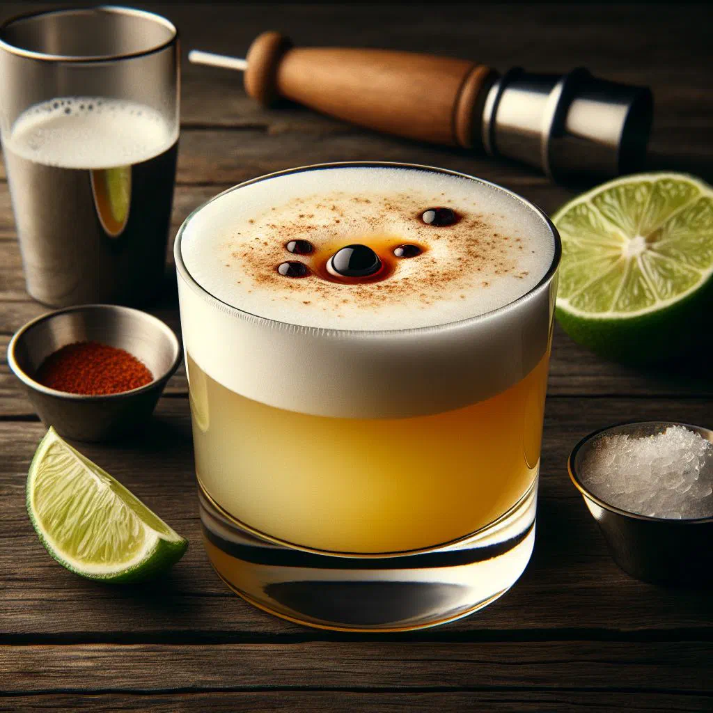 Frothy pisco sour cocktail in a chilled glass with a dash of bitters