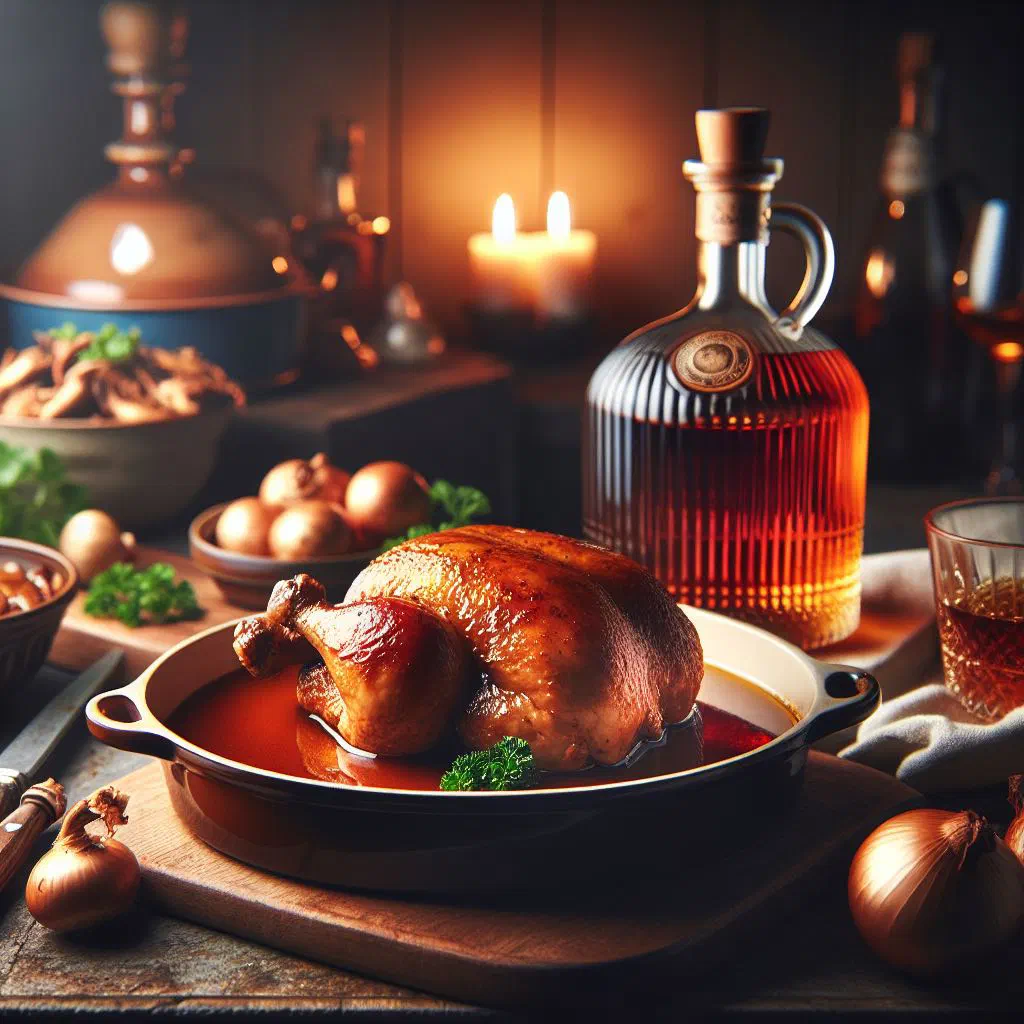 Golden pan-fried chicken pieces in cognac sauce garnished with fresh parsley