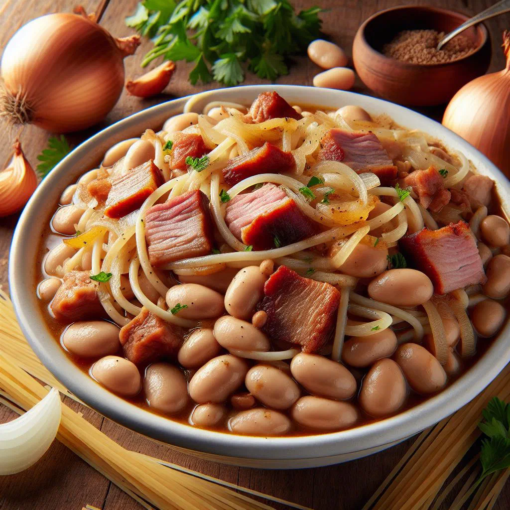 A rustic bowl of Chilean porotos con riendas with beans, pasta and vegetables