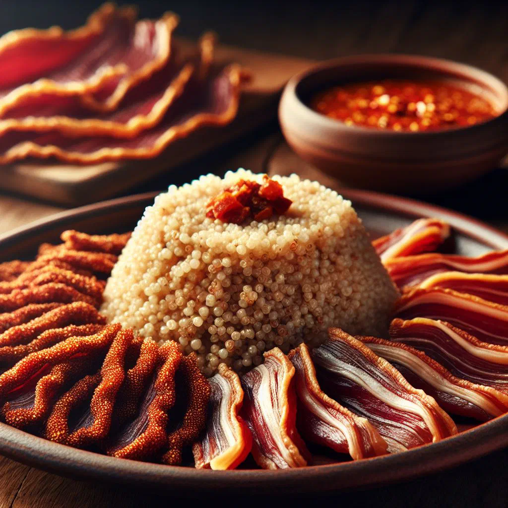 Bowl of quinoa con charqui with dried beef, peppers and onion