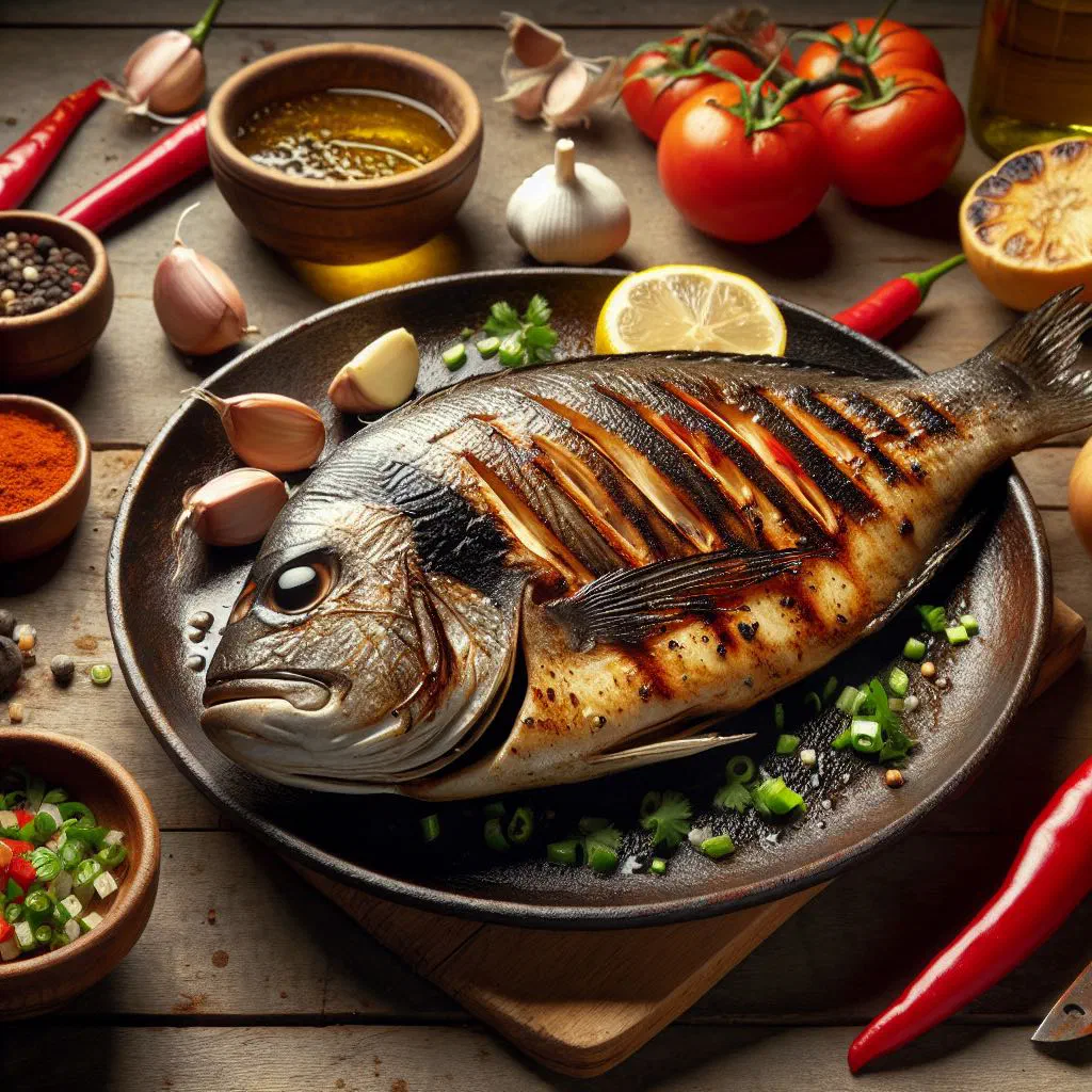 Griddled reineta fillets with lemon wedges and fresh herbs on a plate