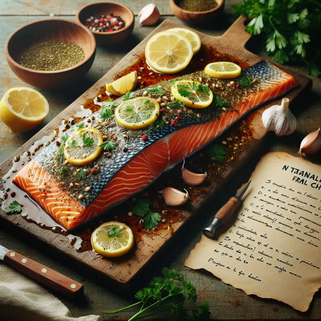 Baked salmon fillet topped with lemon slices and fresh dill