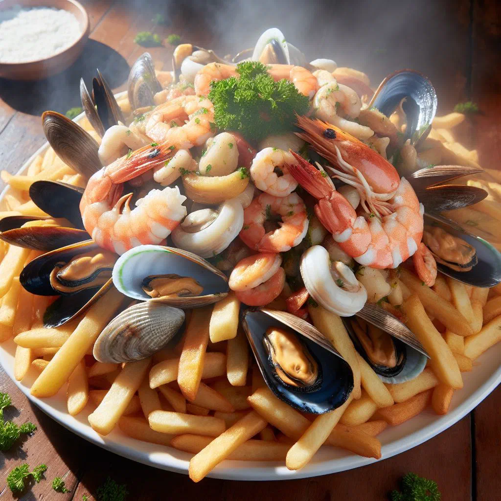 Chilean seafood chorrillana with mixed shellfish, onions and peppers garnished with parsley