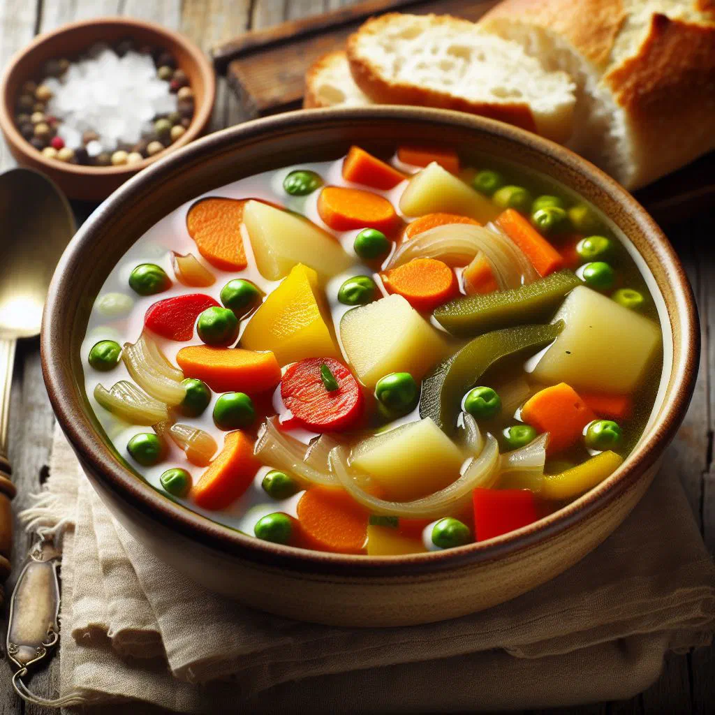 Bowl of Chilean vegetable soup garnished with fresh herbs