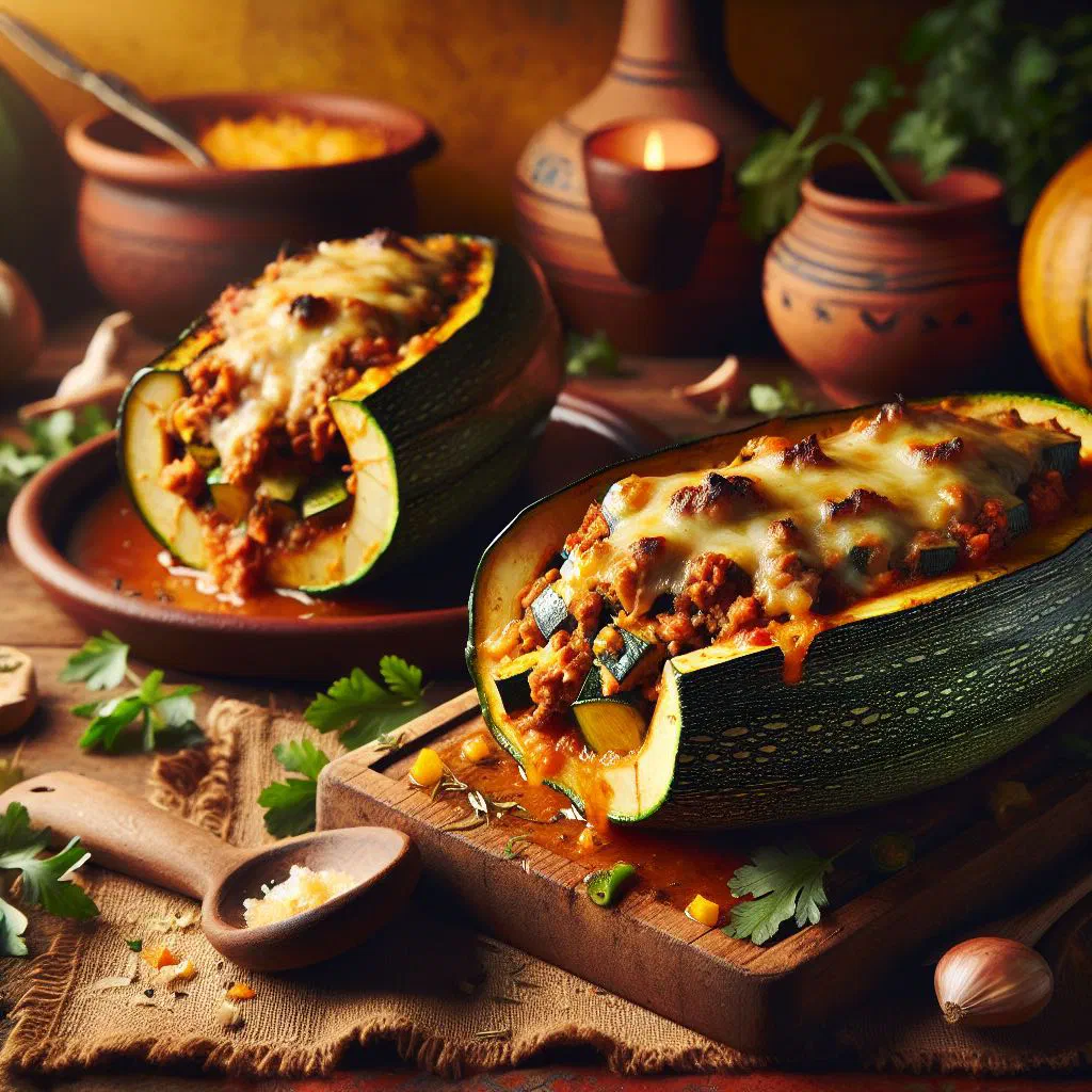 Baked stuffed courgettes filled with minced meat and golden melted cheese