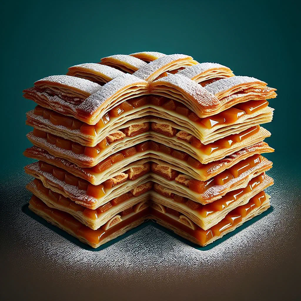 Slice of Chilean torta de mil hojas showing crisp puff pastry layers and caramel cream