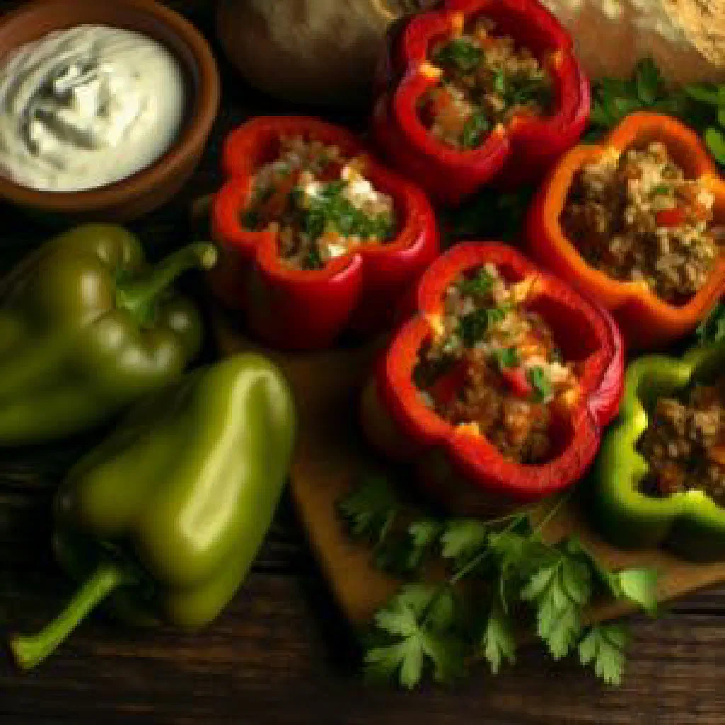 Stuffed bell peppers filled with spiced minced meat, garnished with fresh herbs