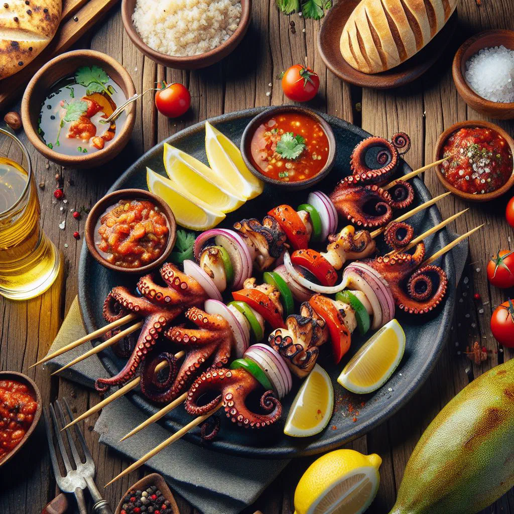 Grilled octopus skewers with lemon and fresh herbs on a wooden board
