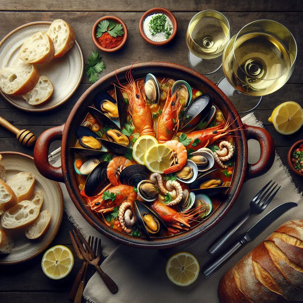 Chilean zarzuela de mariscos seafood stew with mussels and prawns in tomato sauce