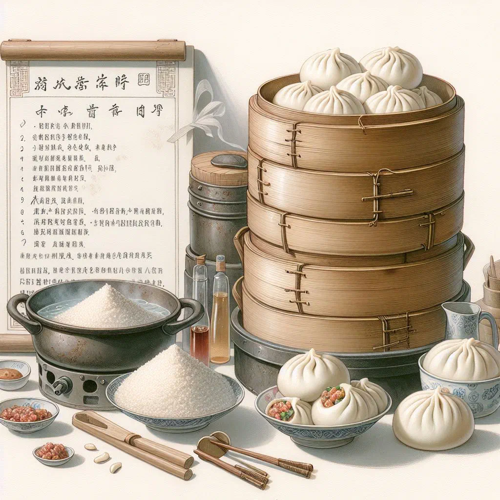 Fluffy steamed baozi buns stacked in a bamboo steamer