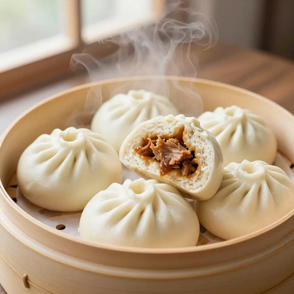 Fluffy steamed baozi buns stacked in a bamboo steamer