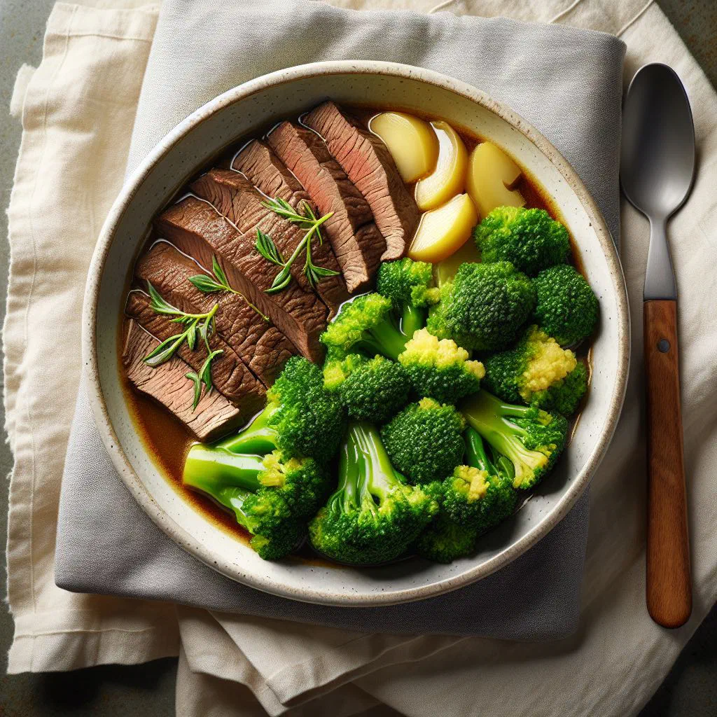 Beef with broccoli stir-fry glazed in a savoury sauce