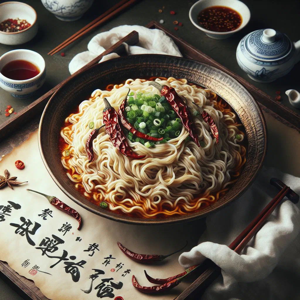Wide hand-pulled biang biang noodles tossed with garlic, chilli and fresh herbs