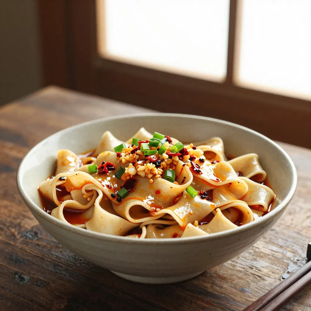Wide hand-pulled biang biang noodles tossed with garlic, chilli and fresh herbs