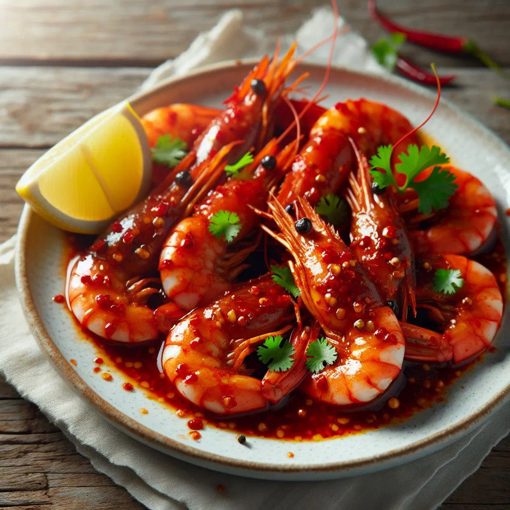 Chilli prawns in a glossy spicy sauce garnished with fresh coriander