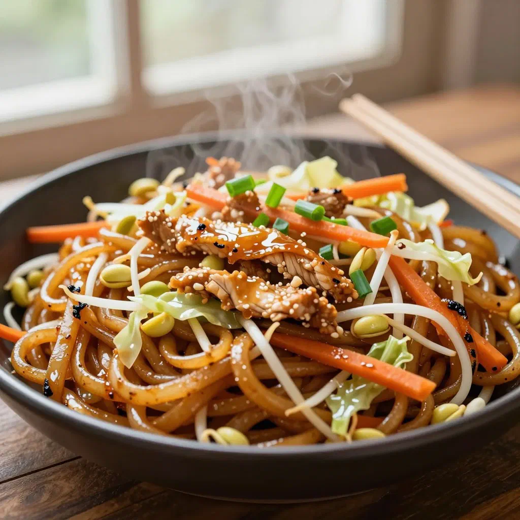 Chow mein noodles stir-fried with vegetables and chicken in a pan