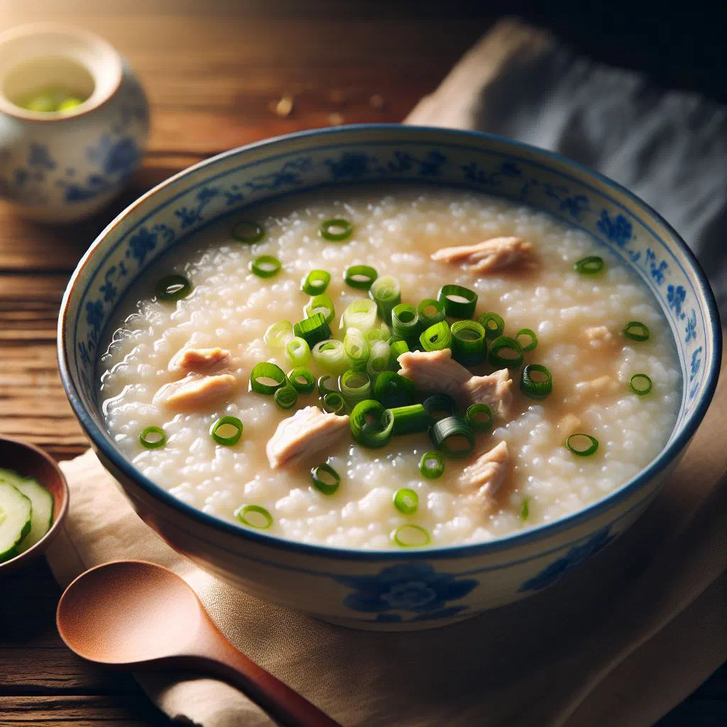 A warm bowl of Chinese congee topped with spring onions and ginger
