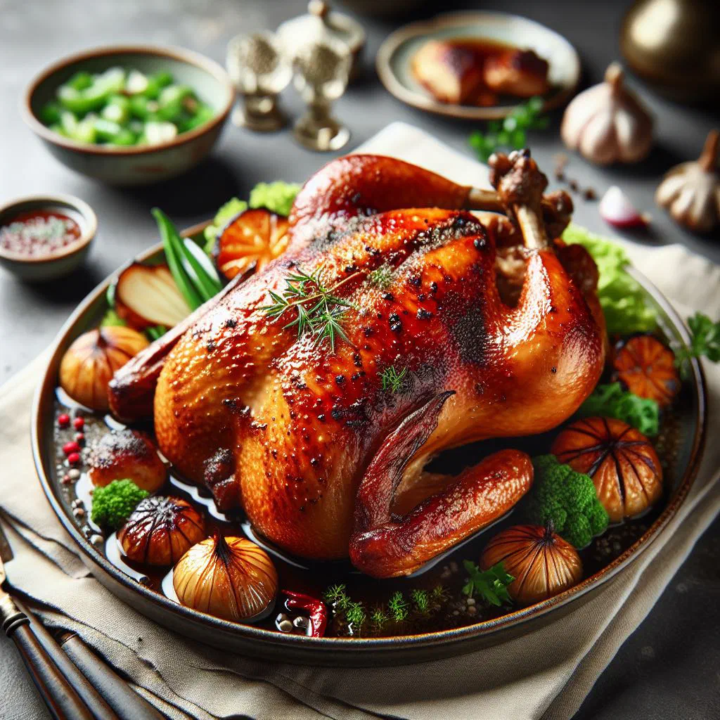 Crispy duck with golden glazed skin, carved and served on a platter