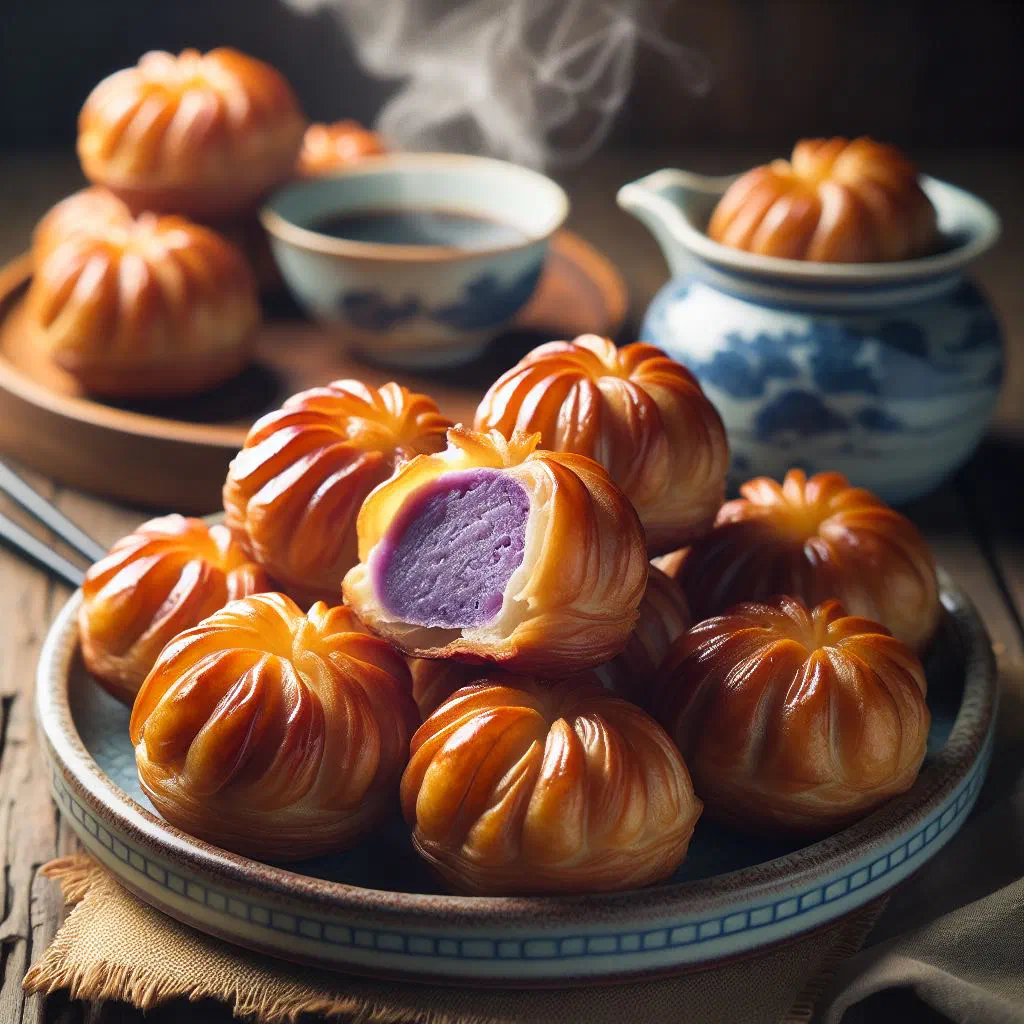 Golden, crispy taro puffs filled with mashed taro on a serving plate