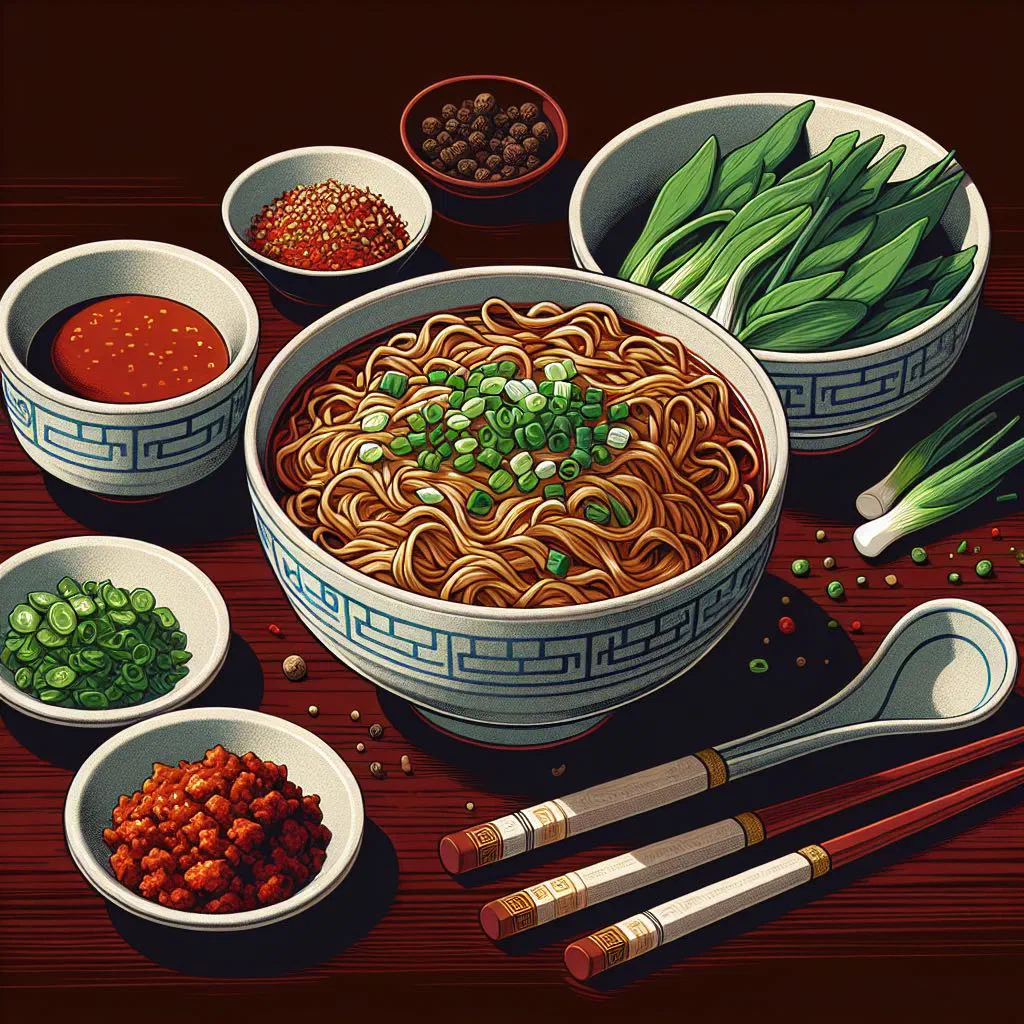 Bowl of dan dan noodles in creamy chilli-peanut sauce topped with spring onions