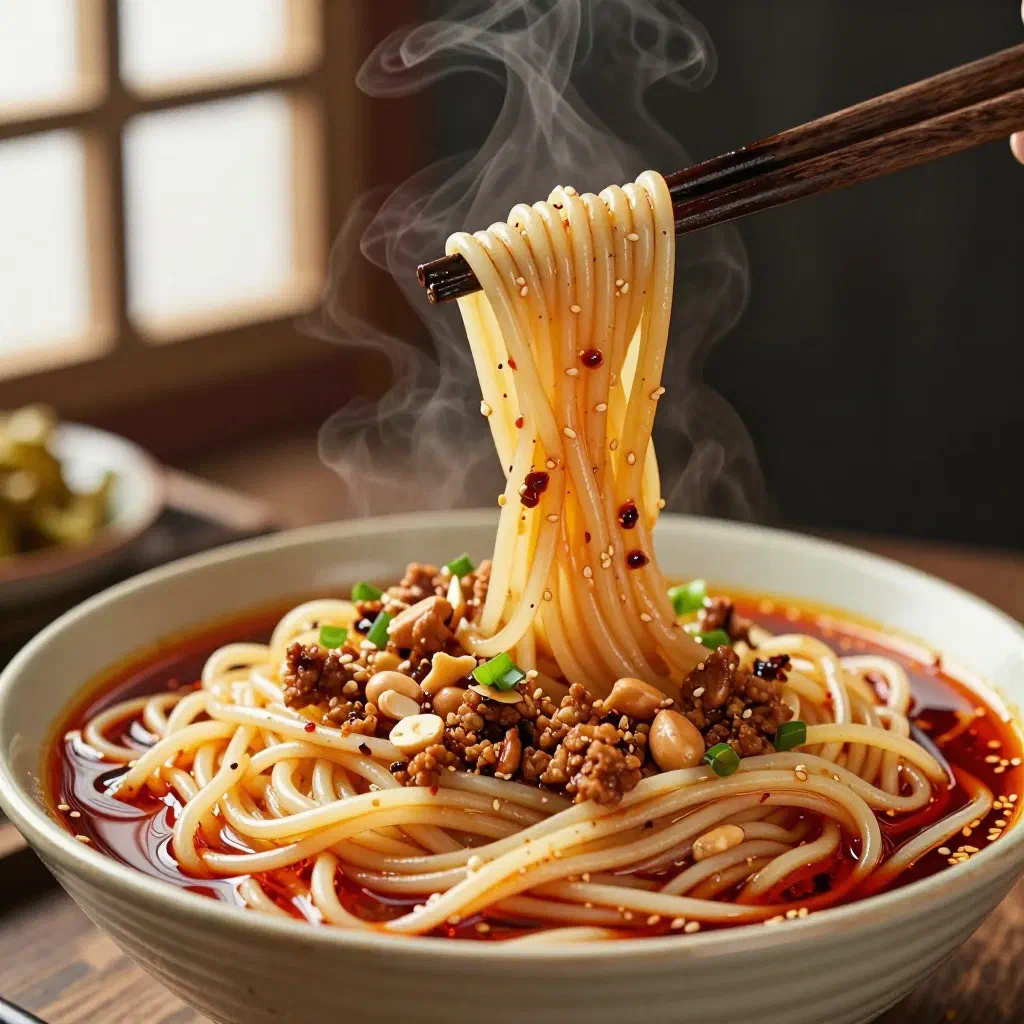 Bowl of dan dan noodles in creamy chilli-peanut sauce topped with spring onions