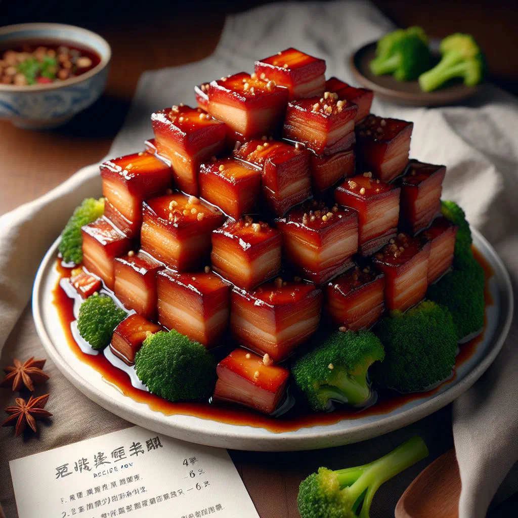 Glossy braised Dongpo pork belly cubes in dark soy sauce