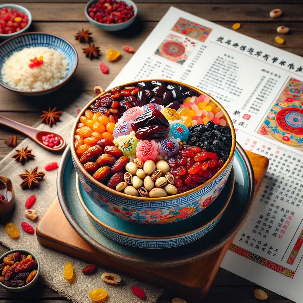 Steamed eight treasure rice studded with dried fruit and nuts, garnished with fresh berries