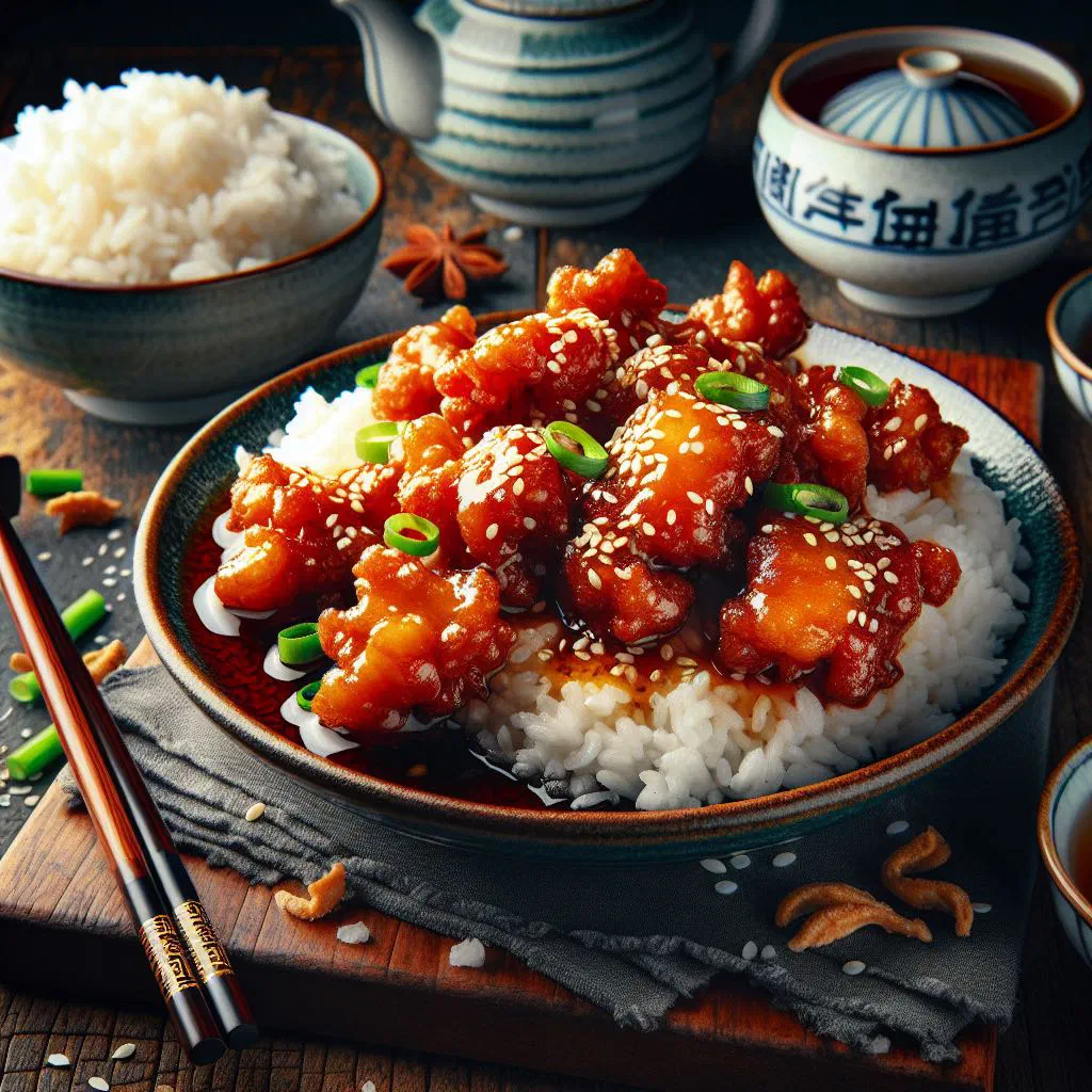 Crispy sweet and sour pork strips garnished with spring onions